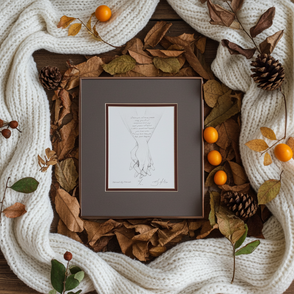 Framed artwork with a hand holding another on a bed of autumn leaves and pinecones.