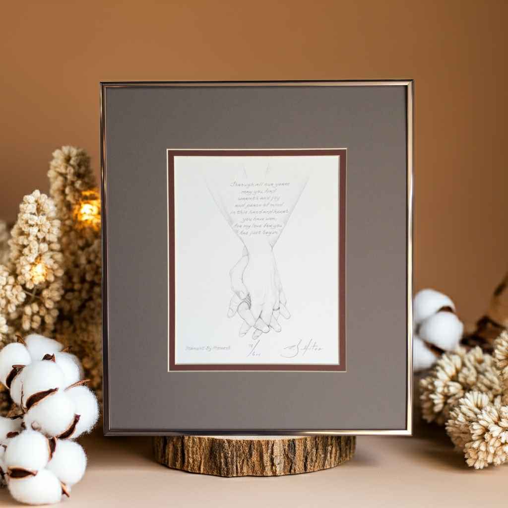 Framed artwork of holding hands  on a wooden stand with decorative elements on a brown background