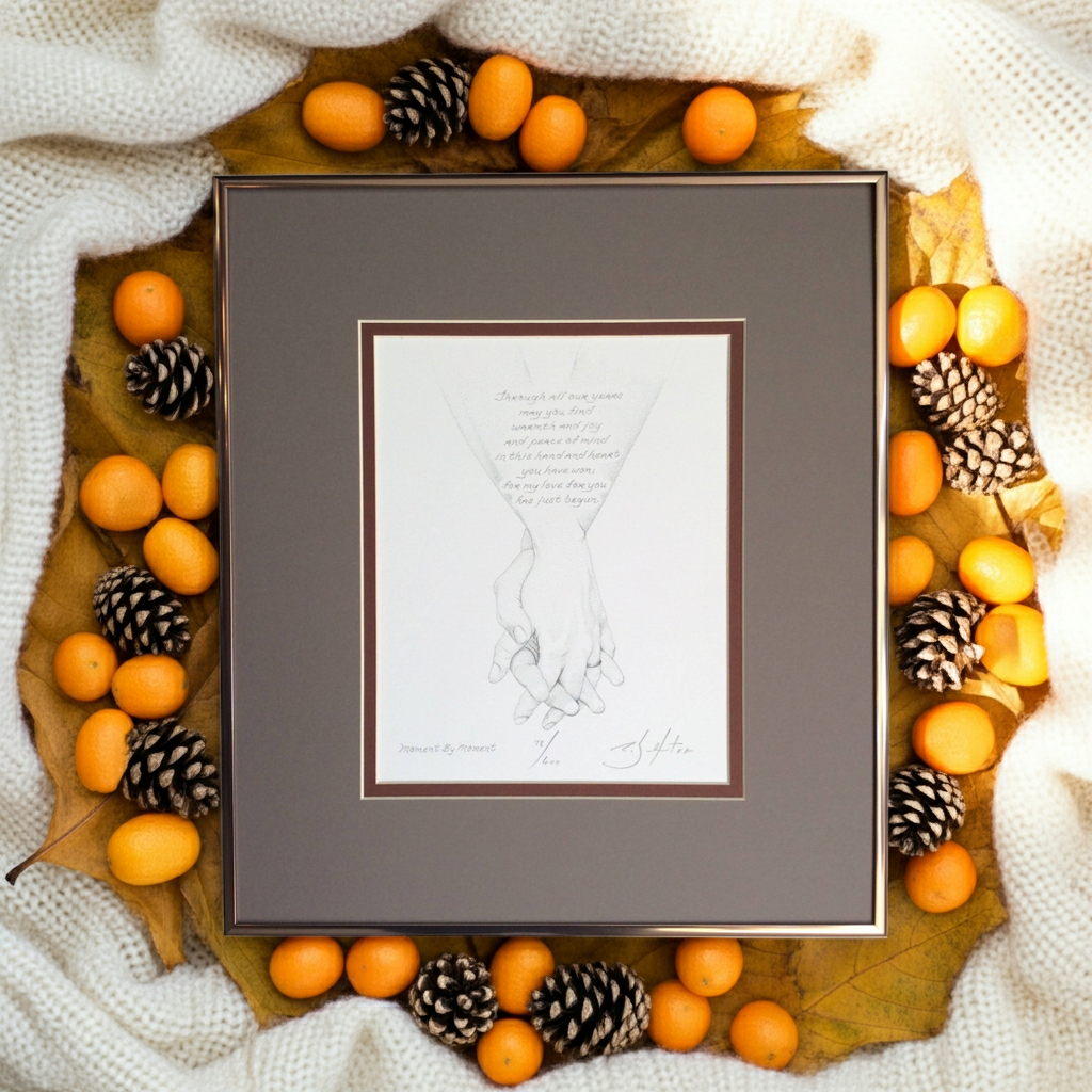 Framed artwork of holding hands  surrounded by autumn decorations including oranges and pine cones on a white fabric background.