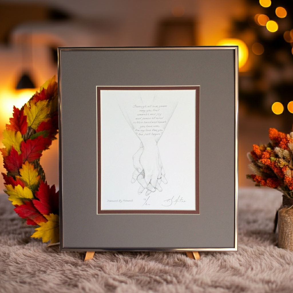 Framed artwork of holding hands  on a stand with decorative elements in the background