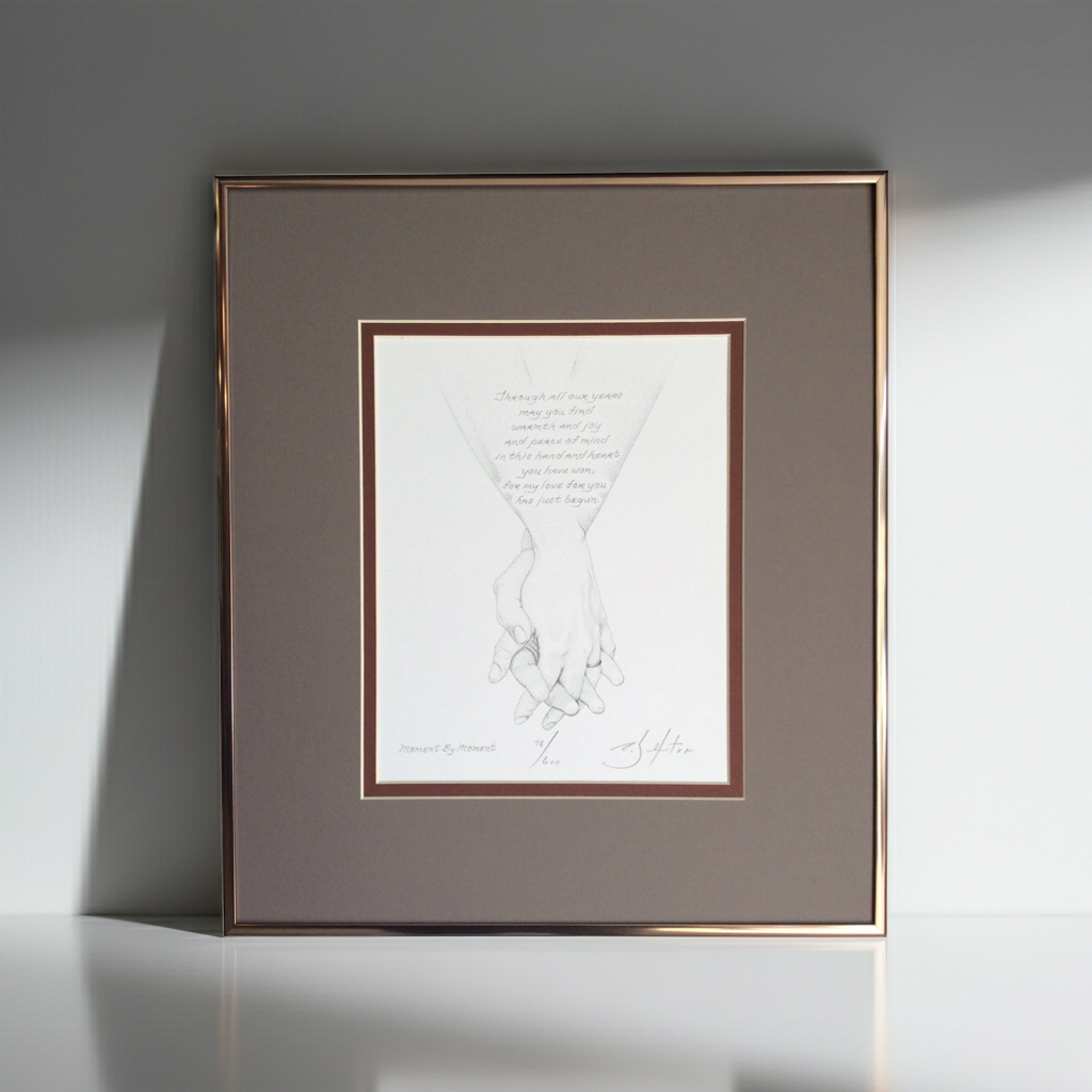 Framed artwork of holding hands  on a gray background
