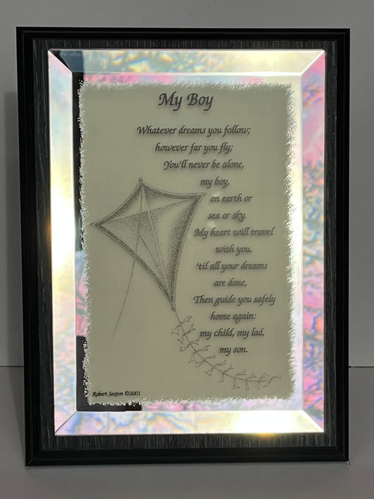 Framed artwork with a kite illustration and quote on a light background