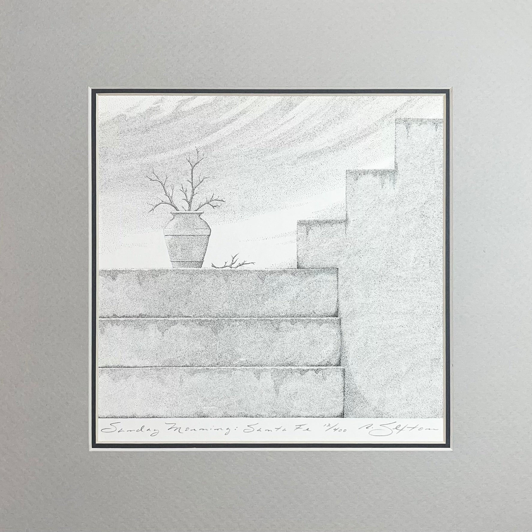 Artistic depiction of a staircase with a vase and branches on a gray background