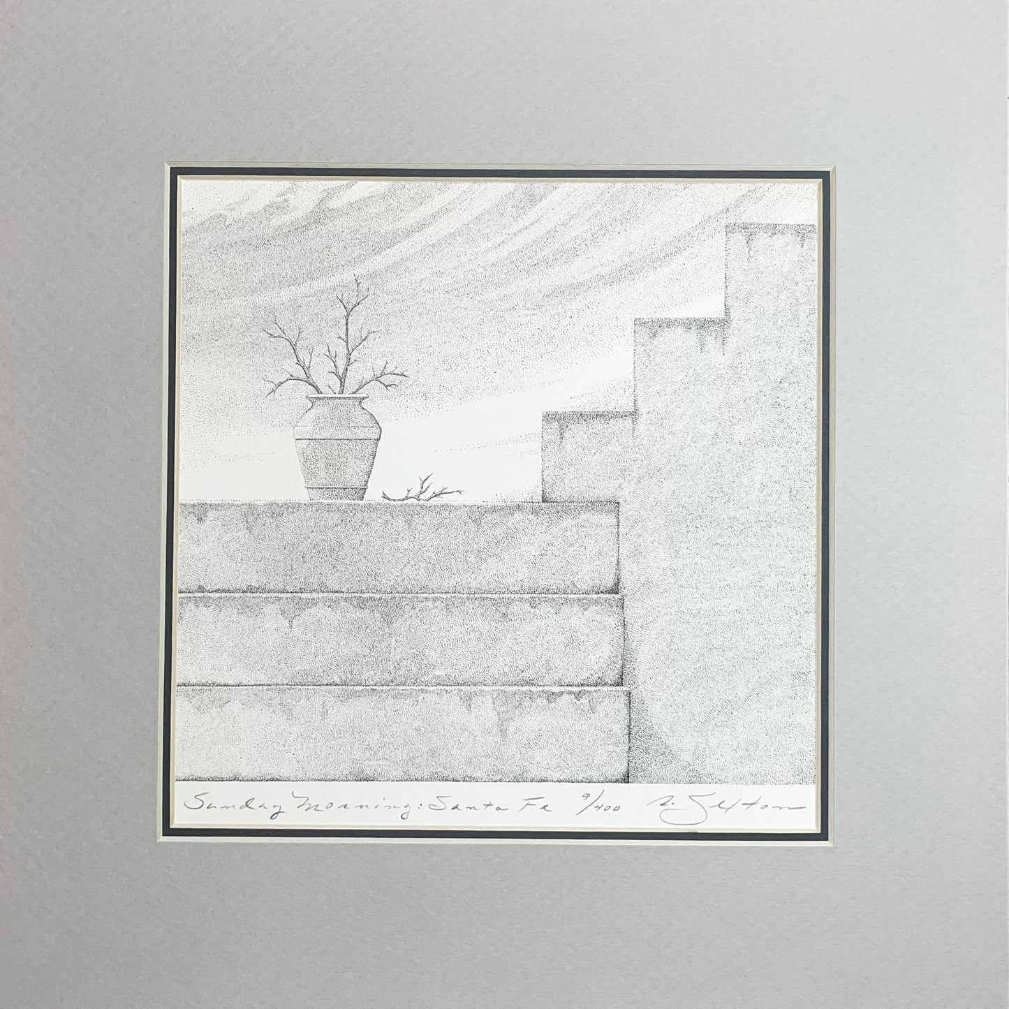 Pencil drawing of a staircase with a plant on a gray background