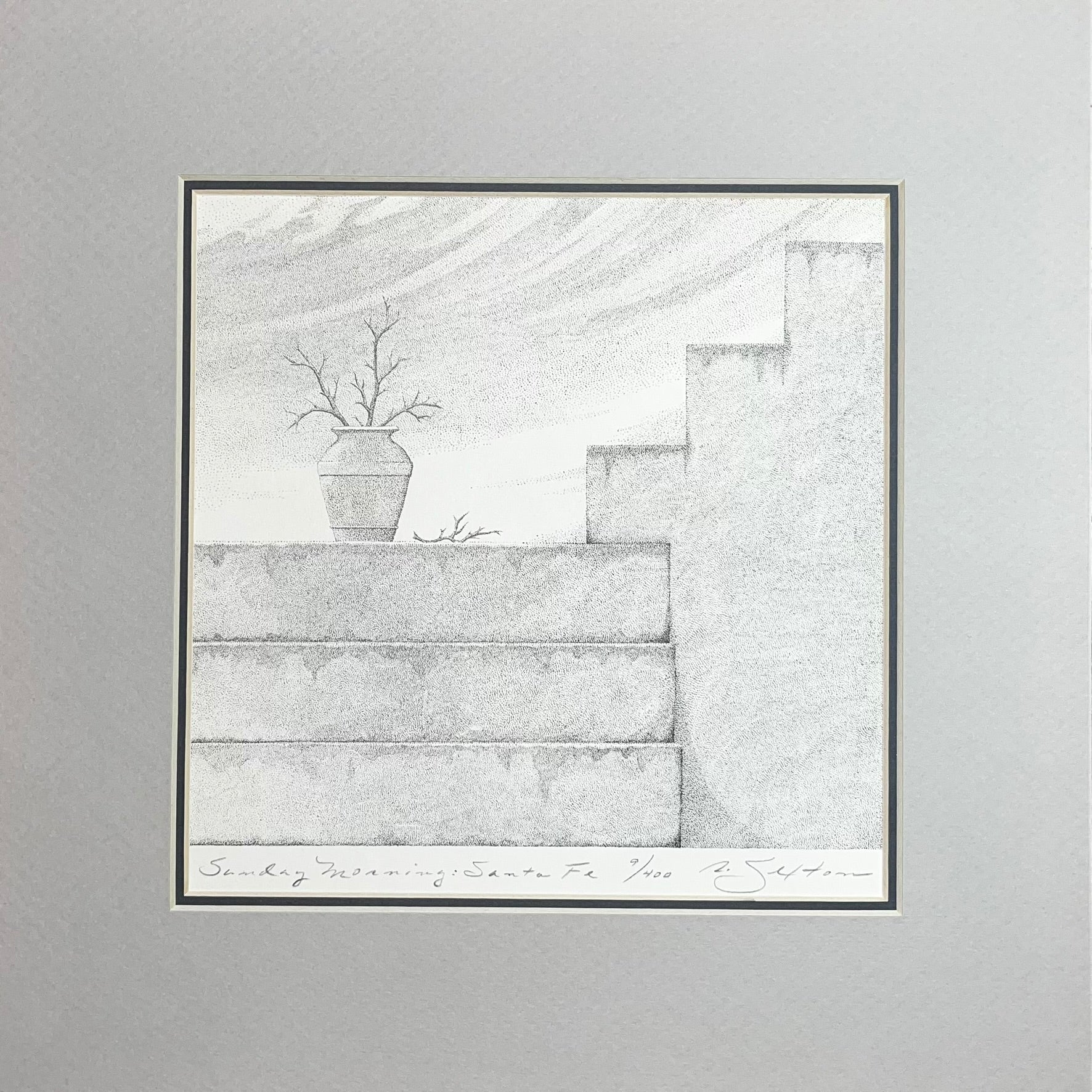 Pencil drawing of a staircase with a plant on a gray background
