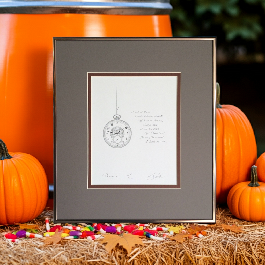 Framed artwork with a clock design on a table with pumpkins and fall decorations.