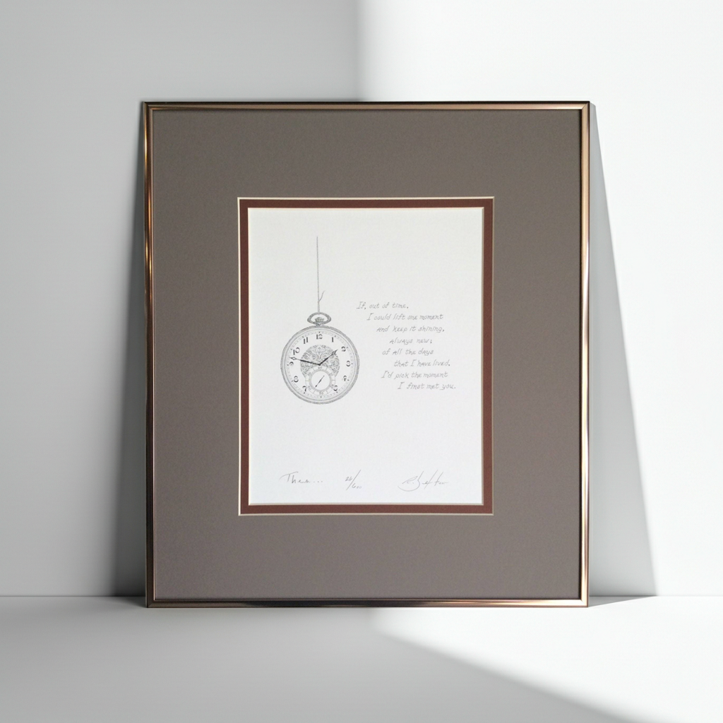 Framed artwork with a clock illustration on a plain background