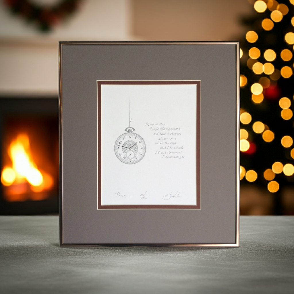 Framed artwork with a clock design on a table in front of a fireplace and blurred lights.