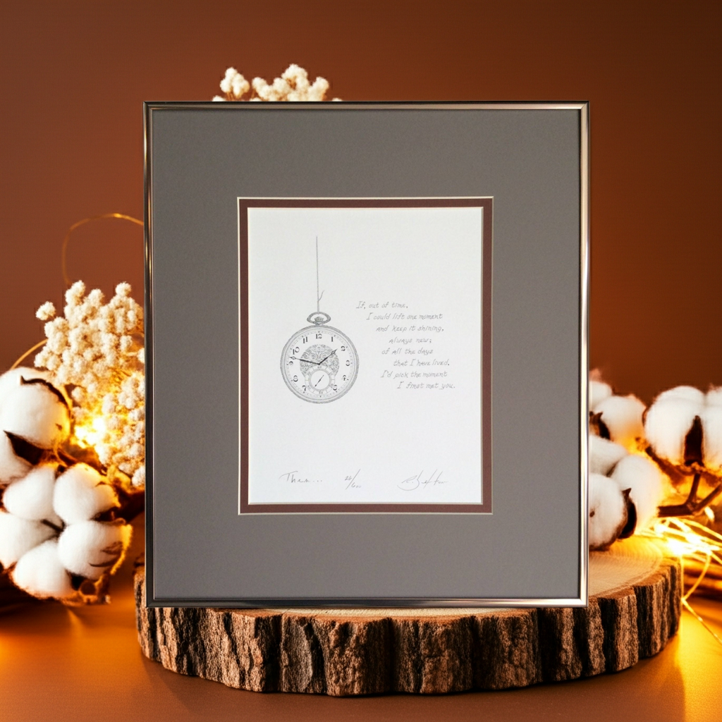 Framed artwork with a clock design on a wooden stand with decorative elements.