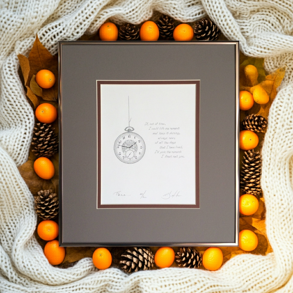 Framed artwork with a clock illustration surrounded by oranges and pinecones on a textured fabric background
