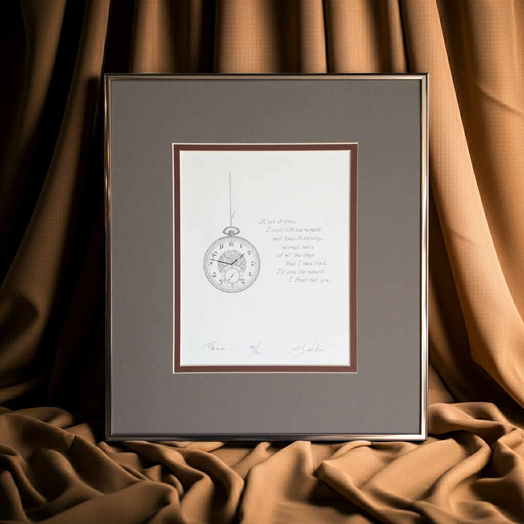 Framed artwork with a clock design on a brown fabric background