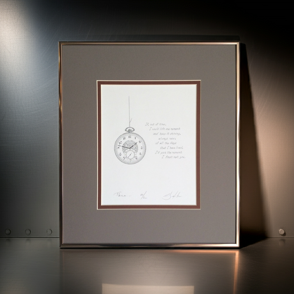 Framed artwork with a clock illustration and text on a dark background