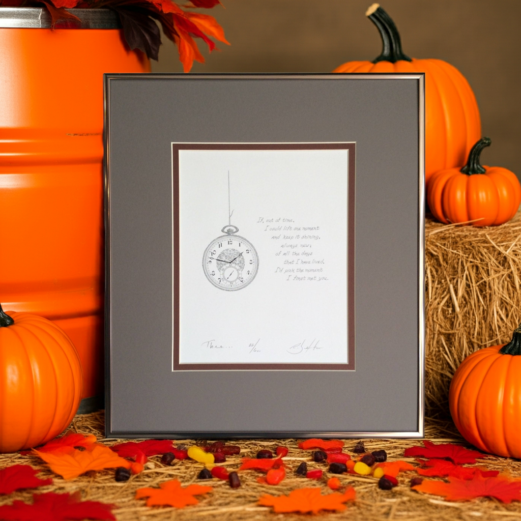 Framed artwork with a clock design on a background of pumpkins and hay.