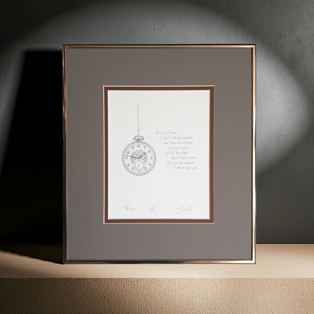 Framed artwork with a clock design and text on a dark background