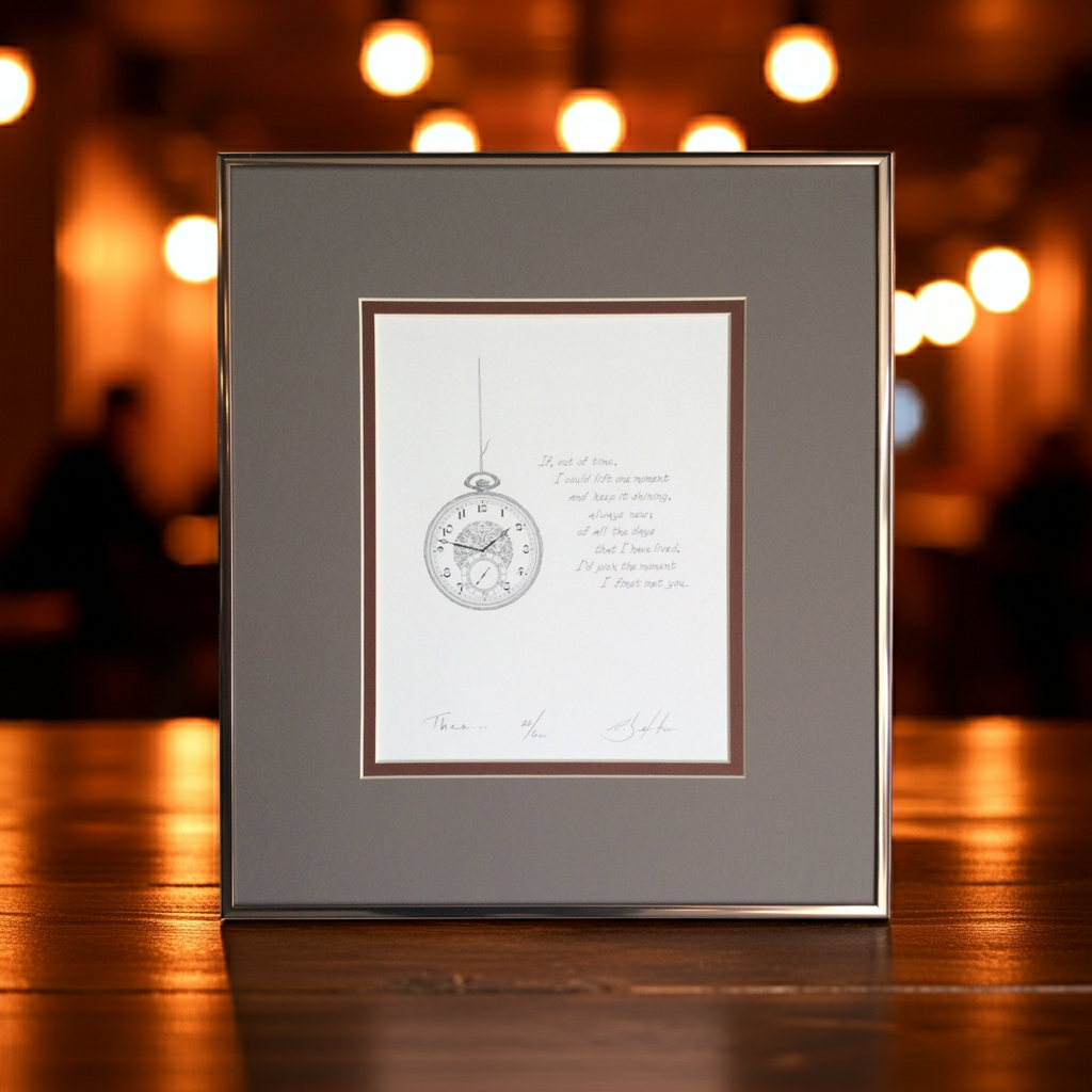 Framed artwork with a clock illustration and text on a wooden surface with blurred lights in the background