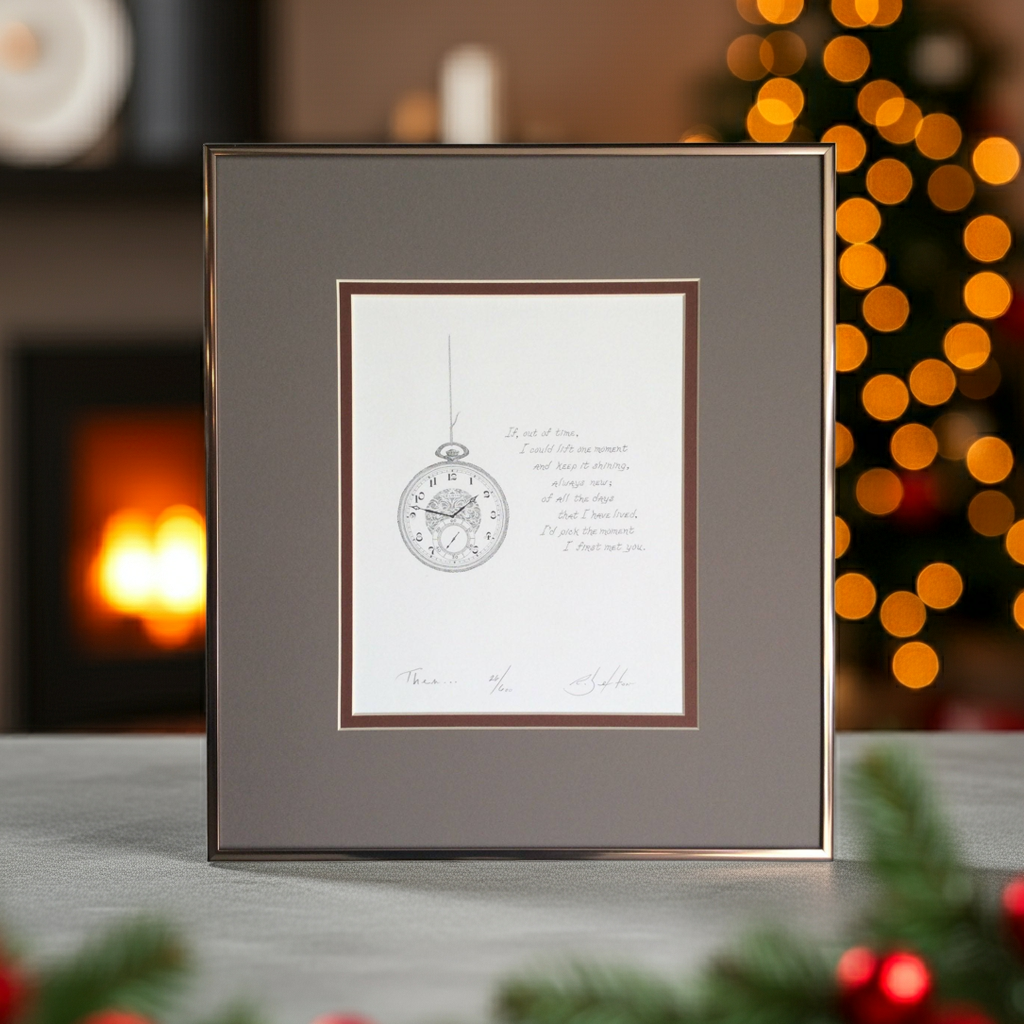 Framed artwork with a clock design and text on a table with festive decorations.