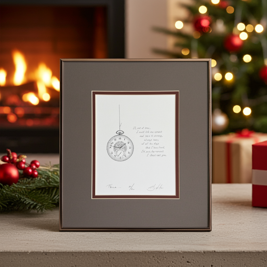 Framed artwork with a clock illustration and text on a table with Christmas decorations.