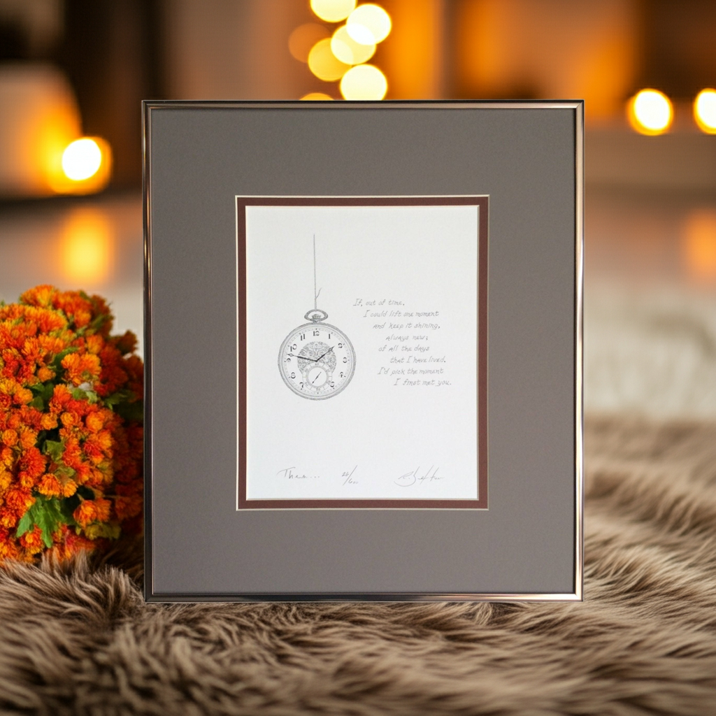 Framed artwork with a clock design on a textured surface with blurred lights in the background