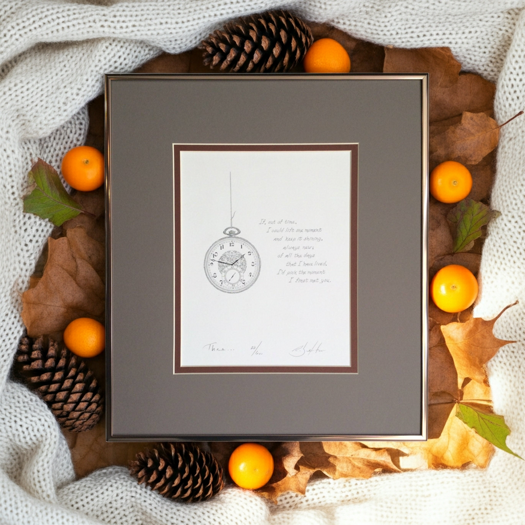Framed artwork with a clock illustration surrounded by autumn elements like oranges and pinecones.