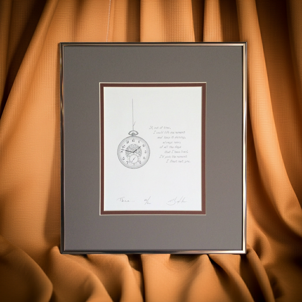 Framed artwork with a clock design on a brown fabric background