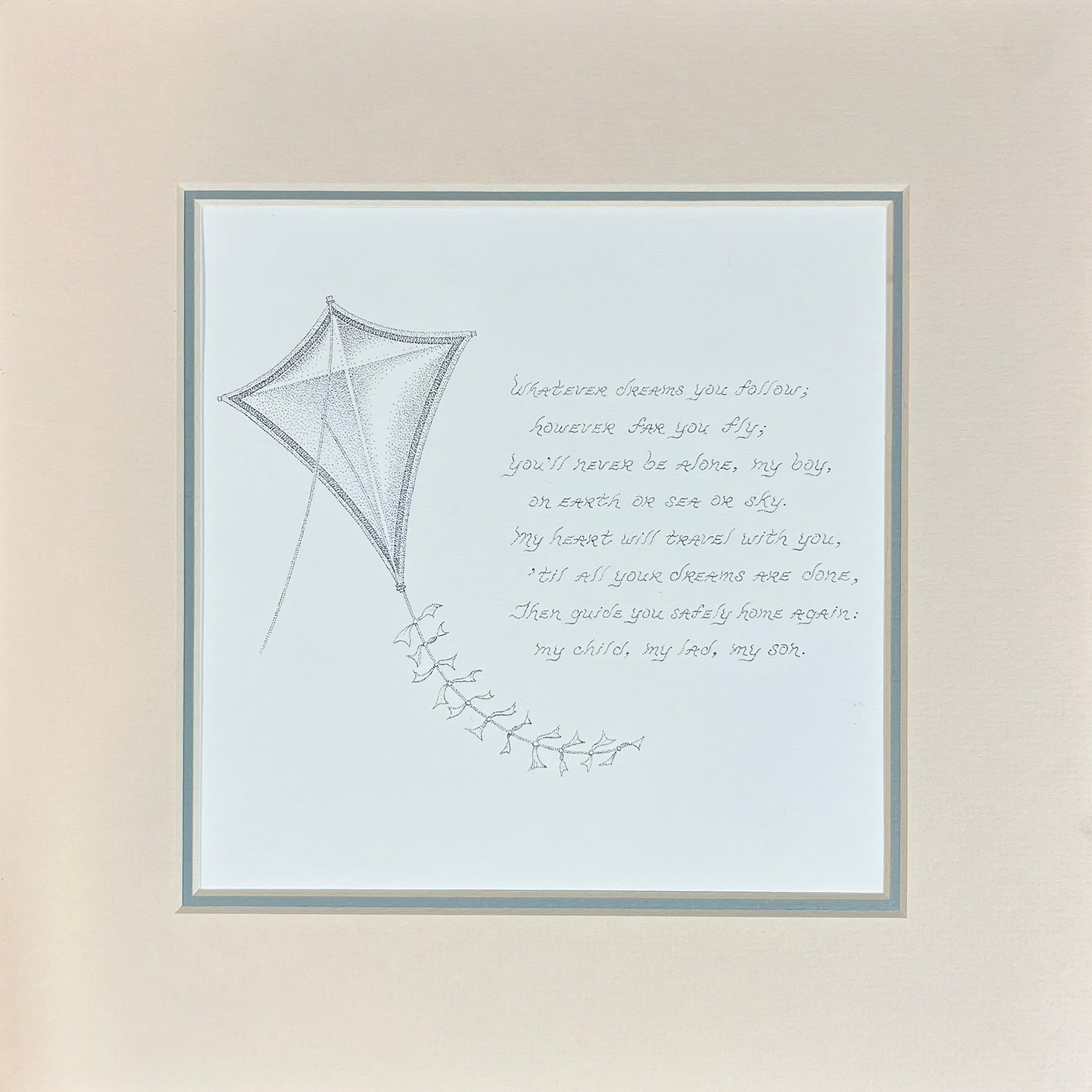 Matted artwork with a kite illustration and text on a light background