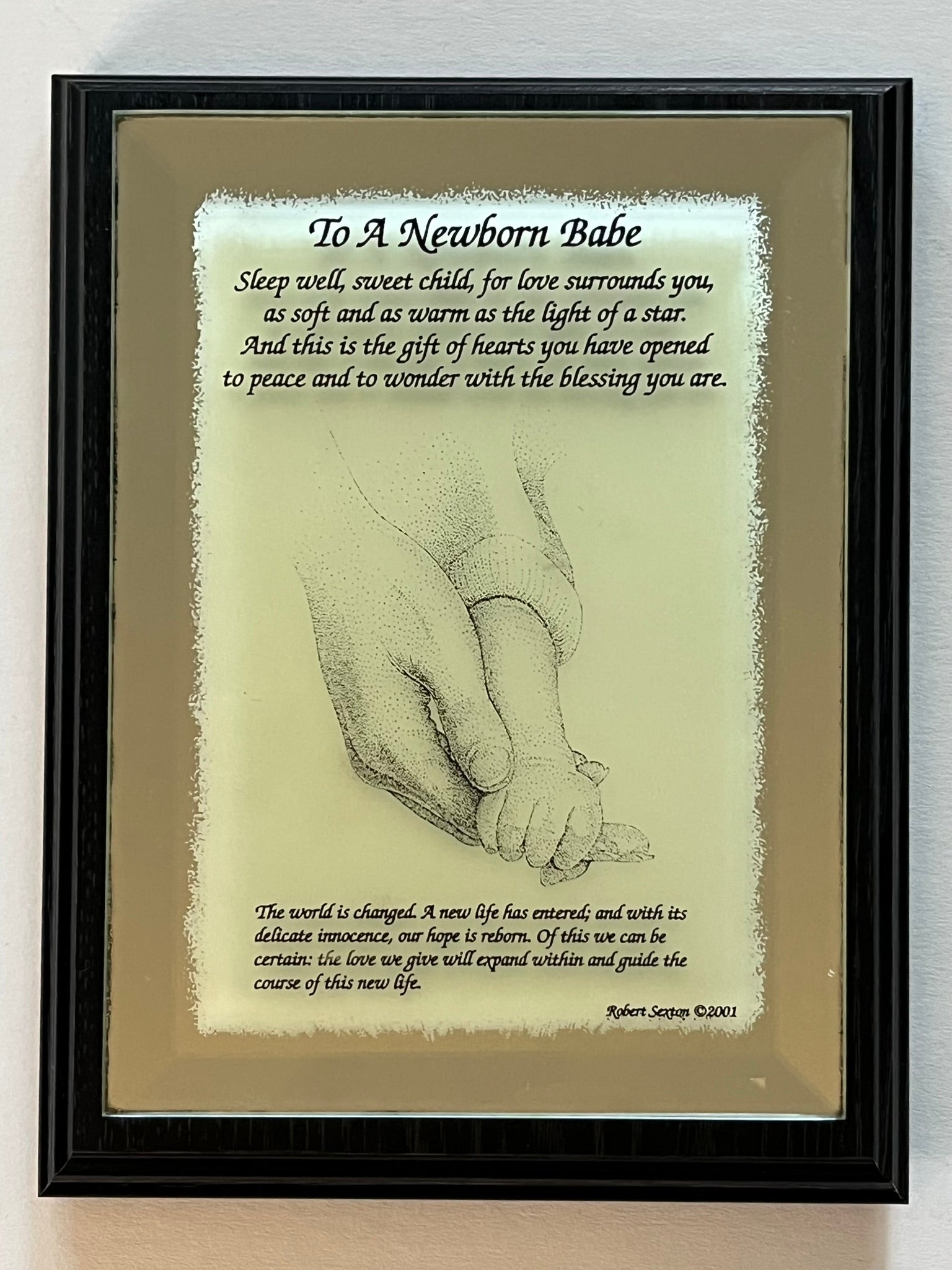 Framed artwork with a hand holding a baby's hand and a poem about a newborn babe.
