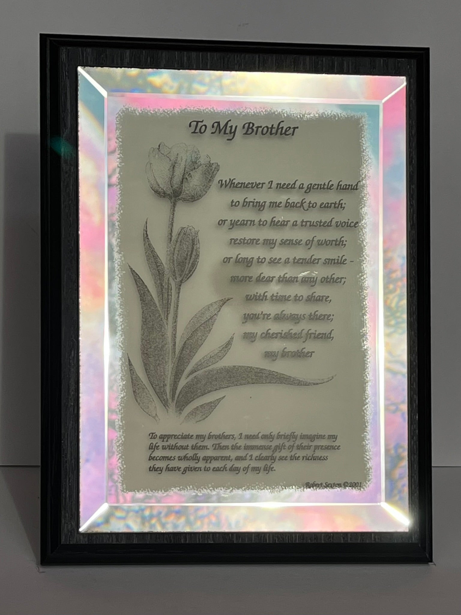 Framed glass with a tulip design and engraved quote 'To My Brother' on a light background.
