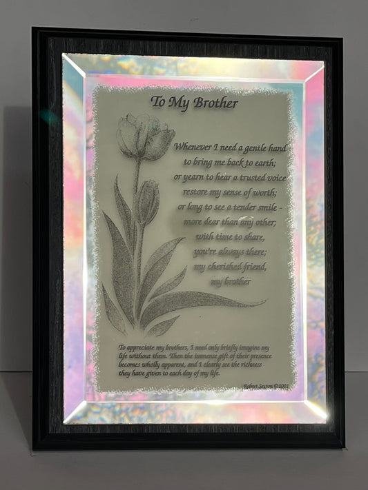 Framed glass with a tulip design and engraved quote 'To My Brother' on a light background.