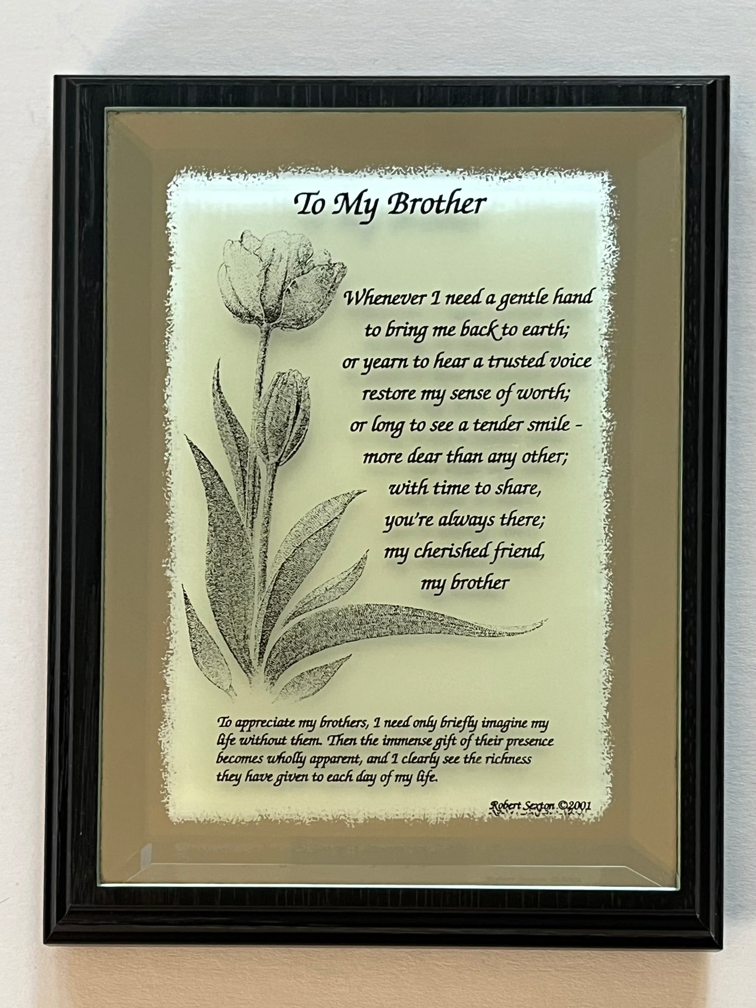 Framed glass with a tulip design and engraved quote 'To My Brother' on a light background.