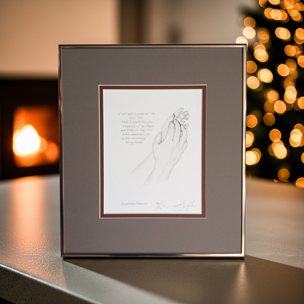 Framed artwork of hands holding  with a blurred festive background