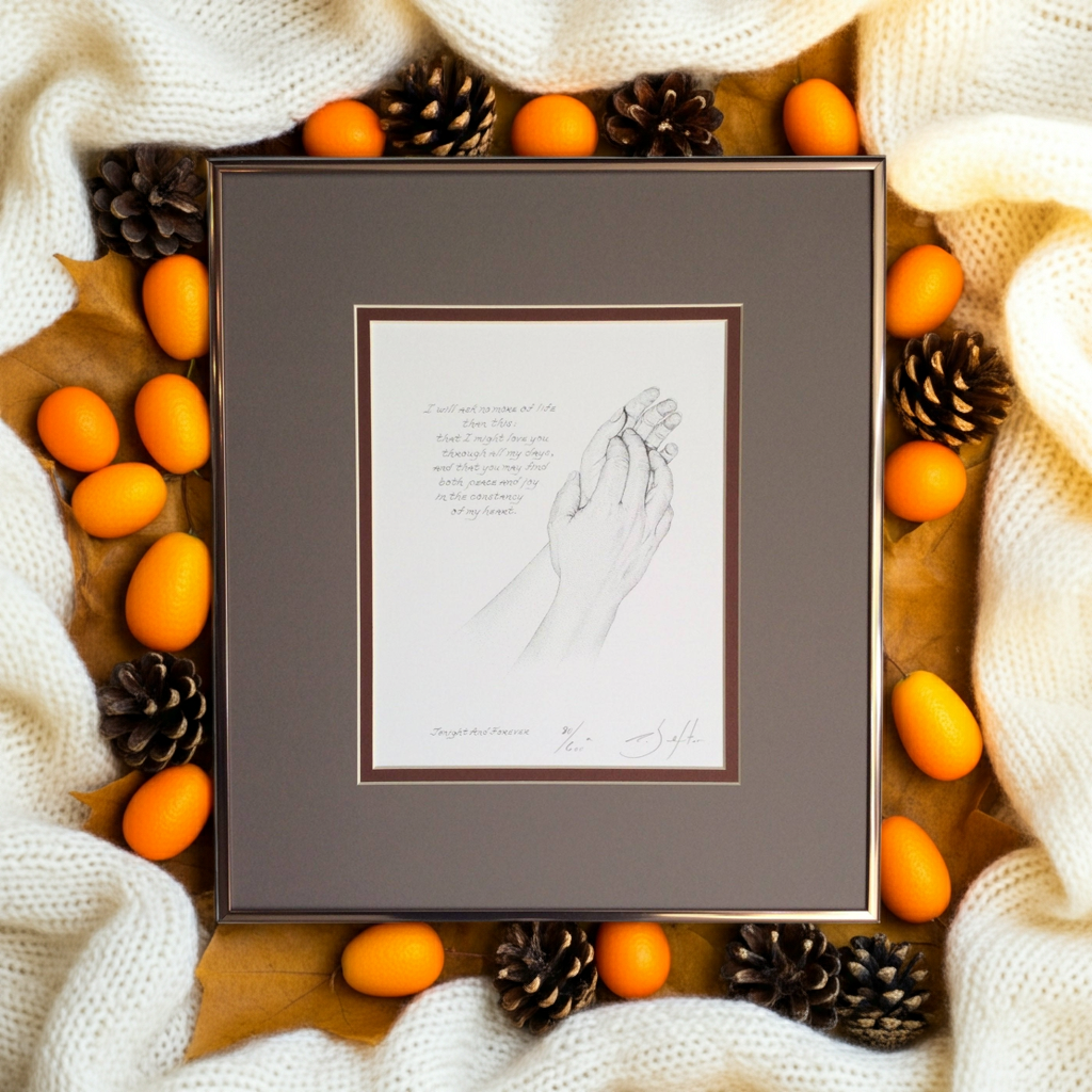 Framed artwork with holding hands illustration, surrounded by oranges and pine cones on a soft fabric background.