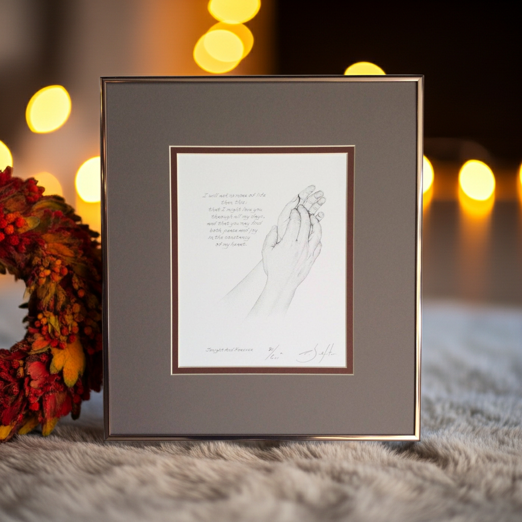 Framed artwork of two holding hands with a blurred decorative wreath in the background.