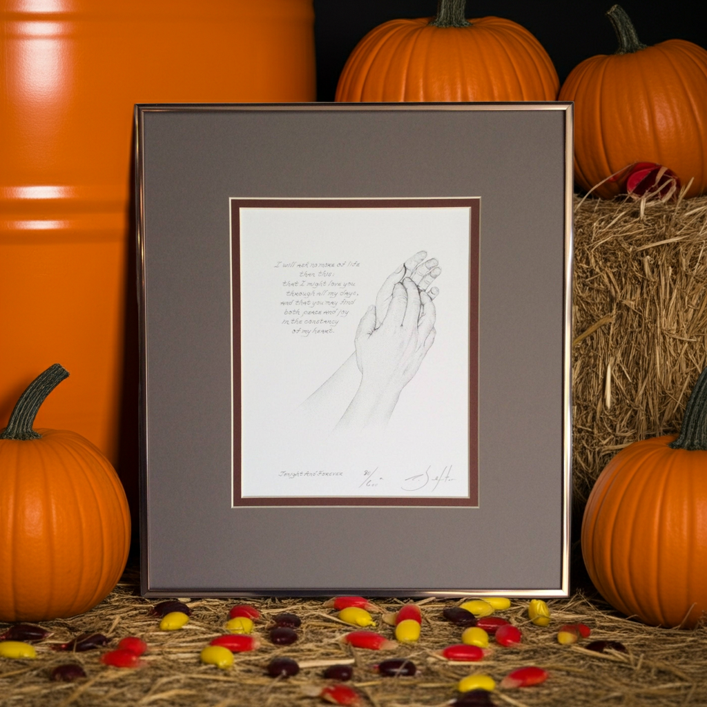Framed artwork of holding hands with pumpkins and hay bale in the background