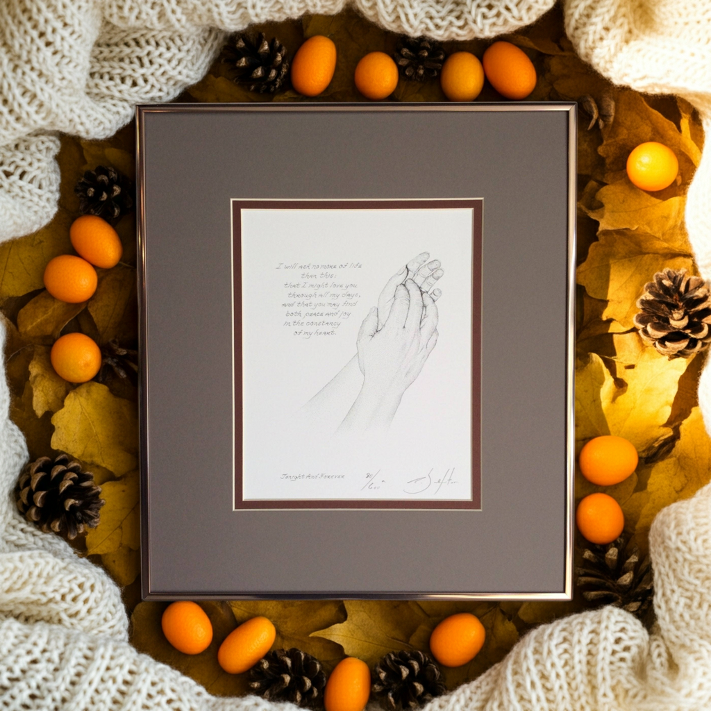 Framed artwork with holding hands surrounded by autumn decorations.